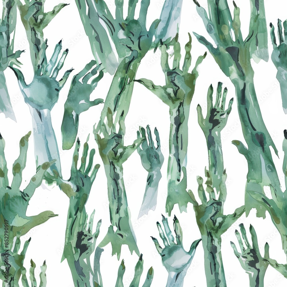 Poster a watercolor illustration depicting a seamless pattern of zombie hands reaching out from a white bac