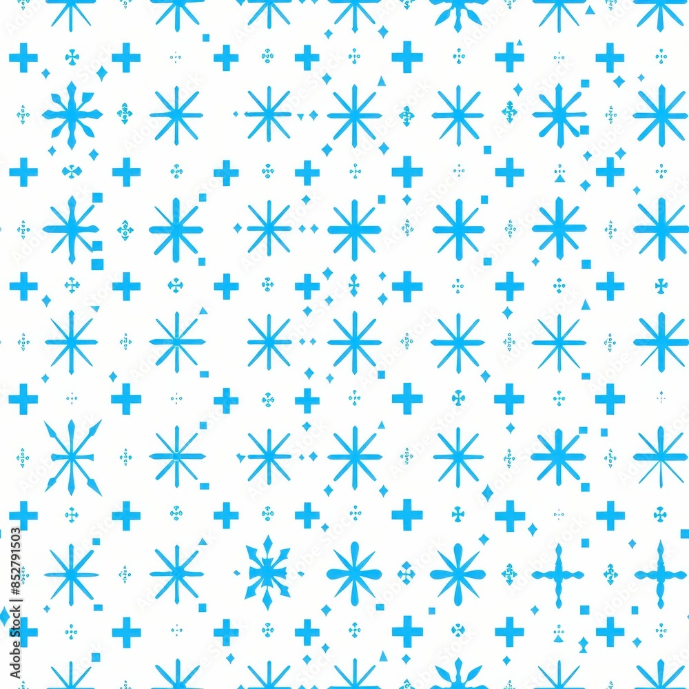 Poster This image shows a repeating pattern of blue snowflakes and plus signs on a white background. It is a simple yet elegant design that would be perfect for a variety of uses, such as wrapping paper, fab