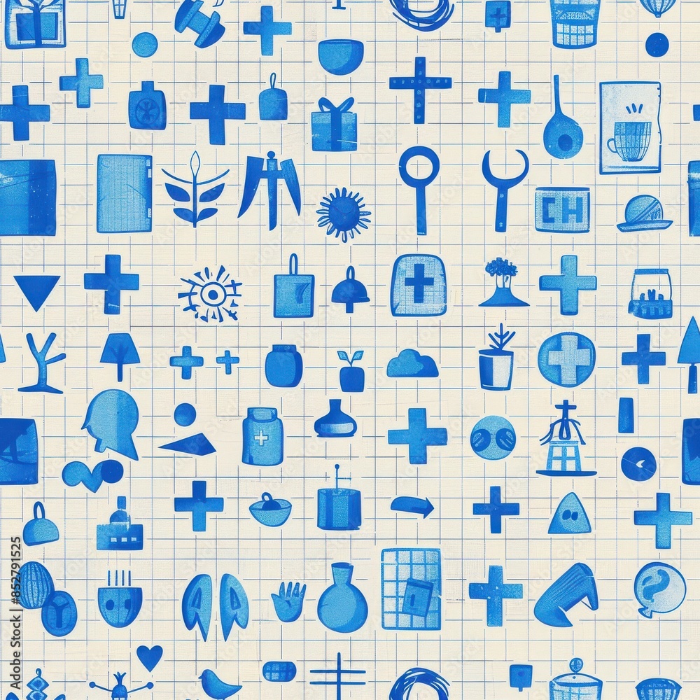 Aufkleber A seamless pattern of blue hand-drawn symbols on a white background. The symbols are arranged in a grid pattern, and each symbol is unique and visually interesting. The symbols include a variety of sh
