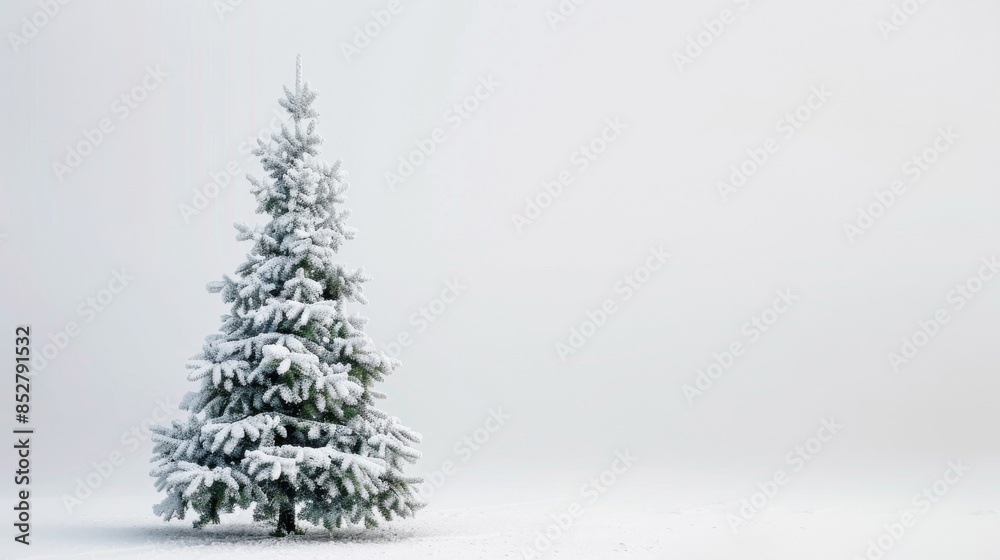 Leinwandbilder a single pine tree covered in snow stands tall against a white winter backdrop. the tree is the only