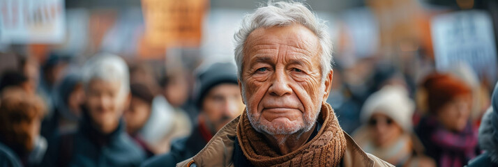 Mature man at protest political rally, anger march, movement support, political statement