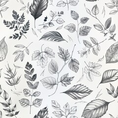 Fototapeta premium A detailed pencil drawing featuring a variety of leaves and branches. The drawing has a white background and uses shading and detail to create a realistic depiction of the leaves. The image showcases 