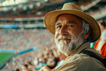 Man at the football stadium, soccer match with crowd cheering, team support in full display.