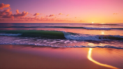 Obraz premium A serene sunset paints the sky in hues of orange and pink, casting a golden glow over a tranquil beach where gentle waves lap at the shore, Generative AI