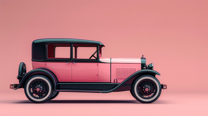 Vintage retro automobile figurine with black wheels parked on pink background in studio