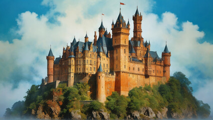 Obraz premium pop art An evocative painting of an ancient castle shrouded in mist, reflecting historical grandeur and hidden secrets, Generative AI
