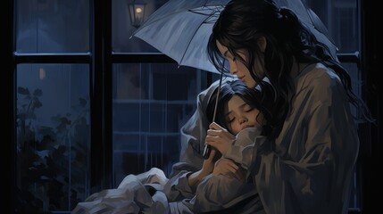 Mother and baby in emotional storm  postpartum depression depicted in rainy window scene