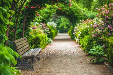 Charming Garden Path with Blooming Flowers and Greenery for Tranquil Relaxation