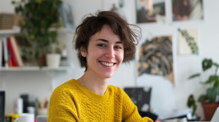 Promo Photography: Happy Female Designer, Professional Environment, Diverse Workforce, Corporate Photography, Team Collaboration, Engaged Employees, Authentic Work Settings.