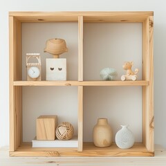 A light wood colored square_shaped bookcase wit