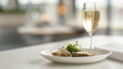 Fresh oysters served with a glass of white wine on a white table, ideal for gourmet dining and restaurant promotions.