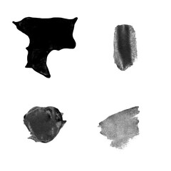 Black Paint Brush Spots. Watercolor Blobs Set. Brushstrokes and Dashes. Aquarelle Smudge Abstract Shape Stains and Smear Set with Texture.