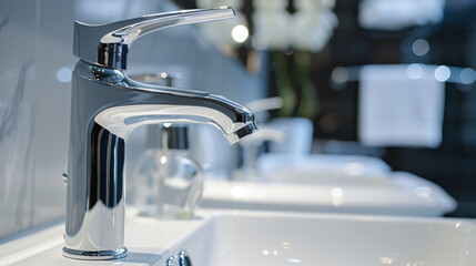 A close shot of a modern chrome bathroom faucet, perfect for home improvement and plumbing work. A combination of functionality and aesthetics that adds class and sophistication to the bathroom.