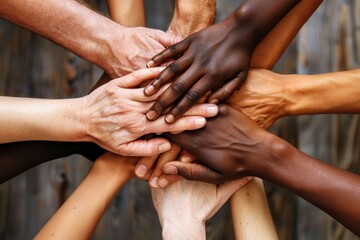 Unity and Diversity: Close-Up of Diverse Hands Stacked Together for Solidarity Concept Poster