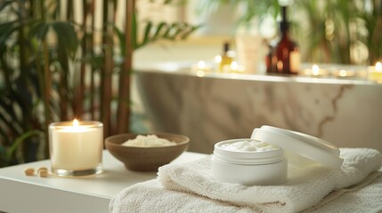 A moisturizer tub is placed on a plush white towel next to a bowl of aromatic essential oils and a few lit candles.