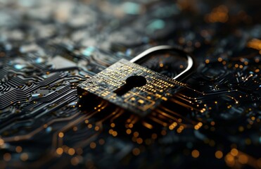 A gold padlock secures a computer motherboard, symbolizing cybersecurity and data protection.