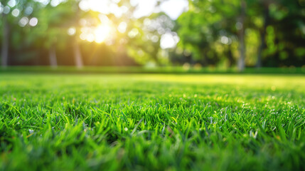 Naklejka premium Focused view of intensely green grass with blurred trees against a sunny sky. The lush green grass contrasts with the bright sky, creating a harmonious natural scenery.