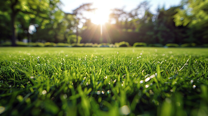 Naklejka premium Focused view of intensely green grass with blurred trees against a sunny sky. The lush green grass contrasts with the bright sky, creating a harmonious natural scenery.