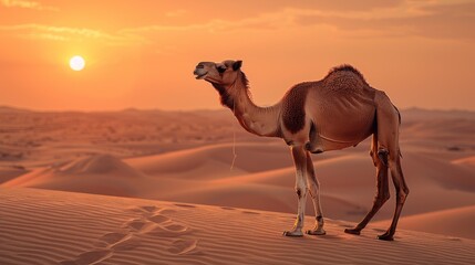 Camel Silhouette Against the Setting Sun in the Desert