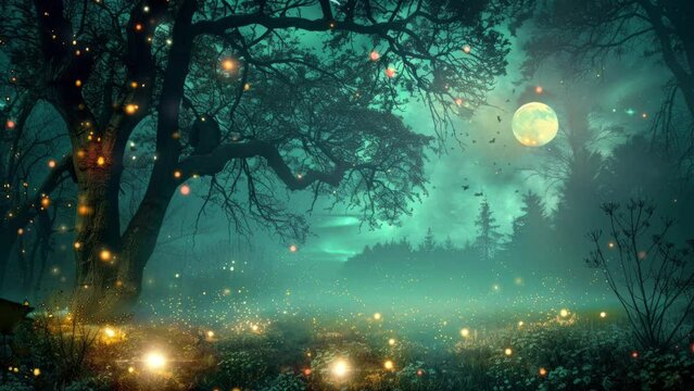 Green magical forest background with lights