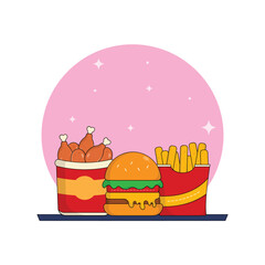 icon combo,burger,french fries,fried chicken delicious fast food and drink vector illustration concept.premium vector illustration