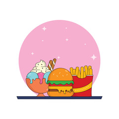 icon combo burger,french fries,ice cream delicious fast food and drink vector illustration concept.premium vector illustration