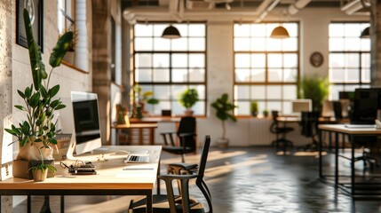 Obraz premium Modern bright office interiors with Stylish workplace, Generative Ai