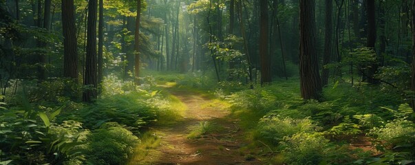Naklejka premium Sunlit path through a dense forest
