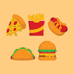 icon set pizza,burger,taco,french fries,hot dog delicious fast food and drink vector illustration concept.premium vector illustration
