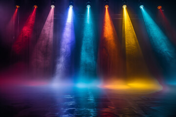 Set of spotlights isolated against a black background. Spotlights in the colors red, pink, blue, purple, teal, orange, yellow and turquoise. 