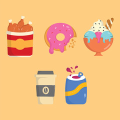icon fried chicken,donut,ice cream,coffe,soft drink delicious fast food and drink vector illustration concept.premium vector illustration