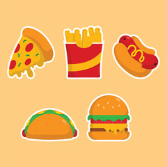 icon pizza,burger,hot dog,taco,friench fries delicious fast food and drink vector illustration concept.premium vector illustration