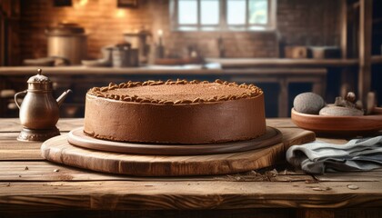 chocolate cake on a wooden table in a rustic style kitchen