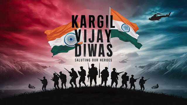 Kargil Vijay Diwas, Post | Kargil Vijay, Poster, Kargil Vijay Diwas Poster, Banner, Indian flags and soldier silhouettes | Social Media Poster | Kargil Vijay Poster 