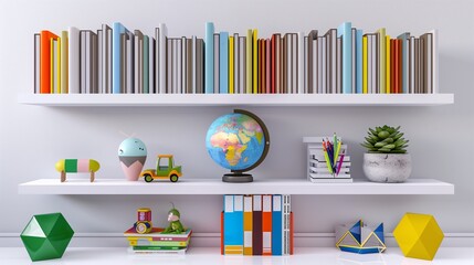 A minimalist study area featuring a white bookshelf filled with colorful childrena??s books, a modern globe, educational toys in geometric shapes, and a small 