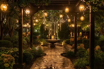 Obraz premium Romantic Evening Garden with Lanterns, Pathway Lights, and Glowing Fountain for Outdoor Decor