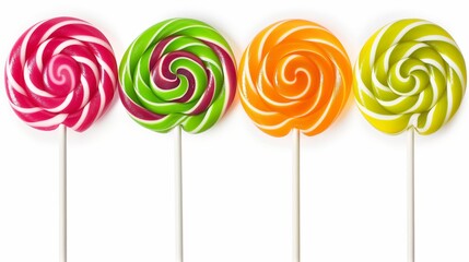Colorful Swirl Lollipops in a Row. Assorted Lollipops on White Background