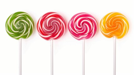 Colorful Swirl Lollipops in a Row. Assorted Lollipops on White Background