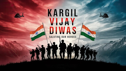 Kargil Vijay Diwas, Post | Kargil Vijay, Poster, Kargil Vijay Diwas Poster, Banner, Indian flags and soldier silhouettes | Kargil Vijay Poster |