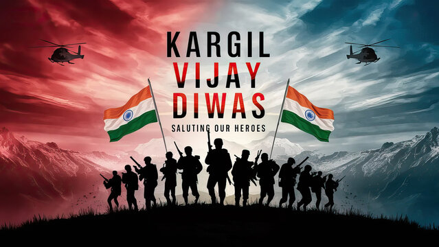 Kargil Vijay Diwas, Post | Kargil Vijay, Poster, Kargil Vijay Diwas Poster, Banner, Indian flags and soldier silhouettes | Kargil Vijay Poster |