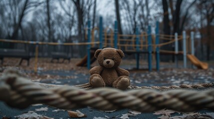 On a dreary day at the playground a forlorn brown teddy bear toy rests on a rope frame embodying the essence of loneliness and loss an apt symbol on International Missing Children Day