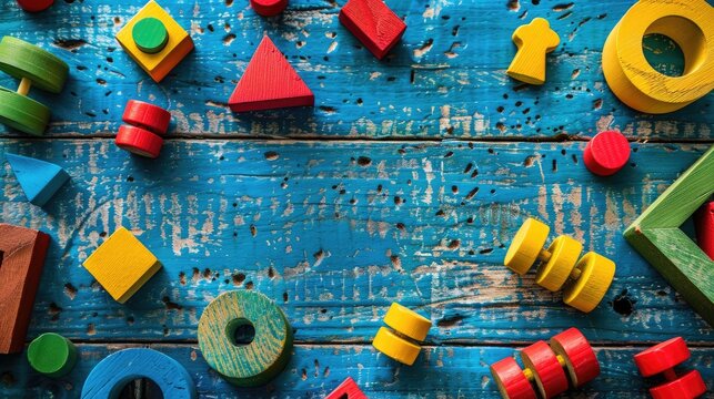 Top view of colorful wooden toys for child development and early math skills concept