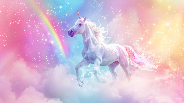 Fantasy-themed birthday invitation featuring a magical unicorn and a rainbow