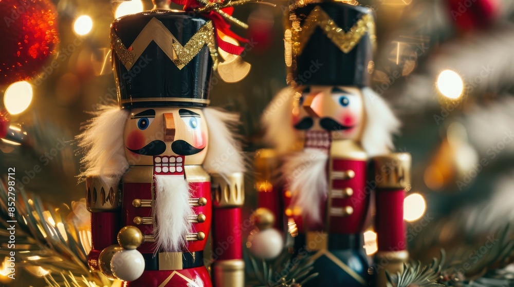 Poster two nutcrackers are on a christmas tree. they are dressed in red and gold and have black beards