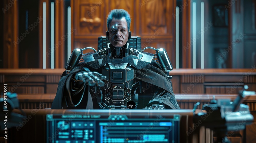 Poster a man in a suit and a cape sits in front of a computer monitor. he is wearing a black robe and a bla