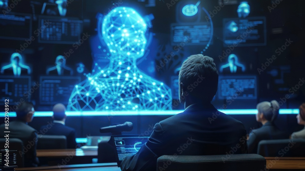 Leinwandbilder A man is sitting in front of a computer screen with a blue face on it. He is wearing a suit and is surrounded by other people in suits. Concept of technology and business