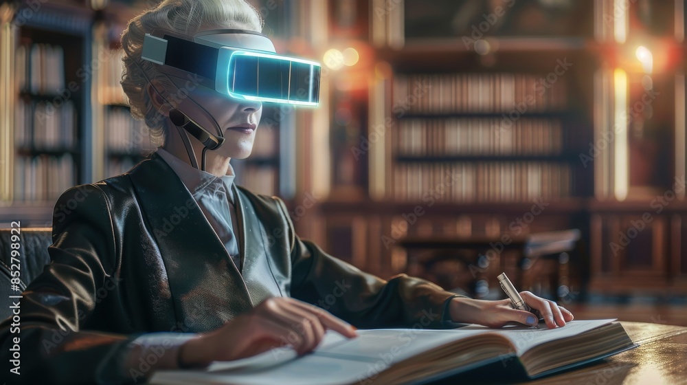 Poster a woman wearing a virtual reality headset sits at a desk with a book in front of her. she is writing