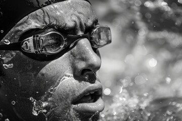 Exhausted Swimmer Emerging from Pool After Race in Focused Black and White Photography