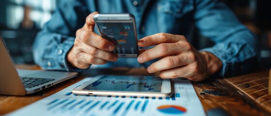 hands holding a smartphone, analyzing financial data on tablet and laptop