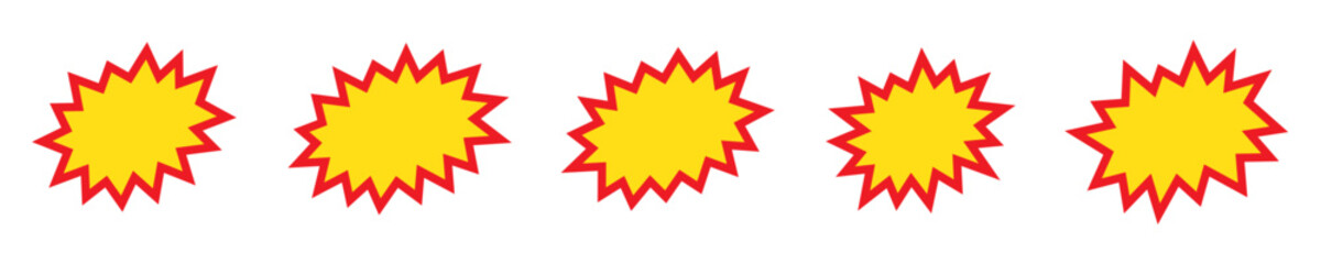 Blank sale tags. Ribbon sale banners. Red and yellow starburst stickers. Pop art funny bang bubble on white background. Cartoon comic style.